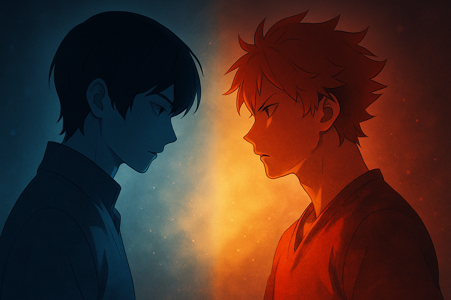 青と赤の光で描かれた二人の人物が向かい合う、静と熱の対比を象徴するアニメ風イラスト。AI生成のイメージ画像(本文内容を補足する参考ビジュアル)