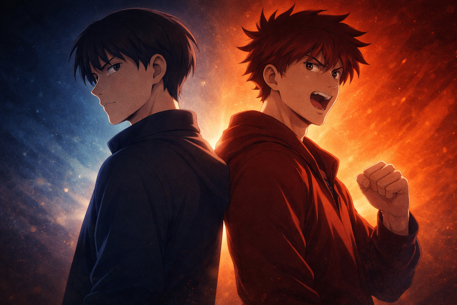 無口な青年と熱血な青年が背中合わせに立つ、静と熱の対比を象徴するアニメ風イラスト（本文を補足するイメージ画像）