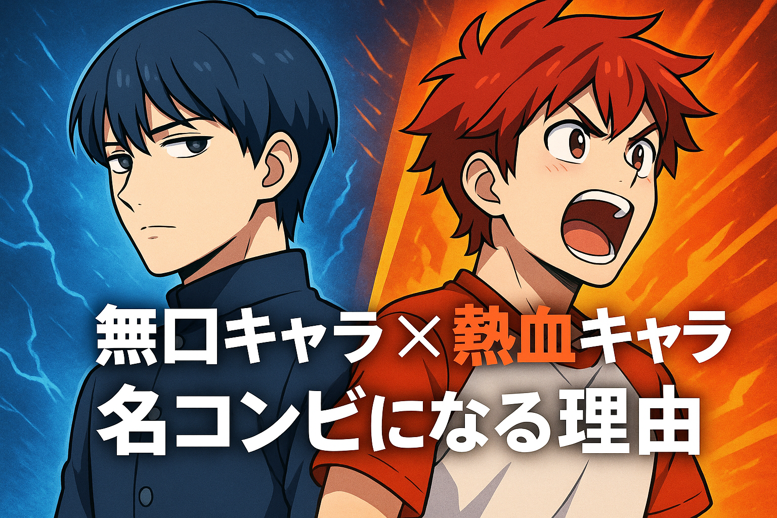無口な少年キャラと熱血な少年キャラが対比されたアニメ風イラスト。青と赤の背景で静と動を象徴的に表現。（AI生成オリジナルイメージ画像／非公式素材）