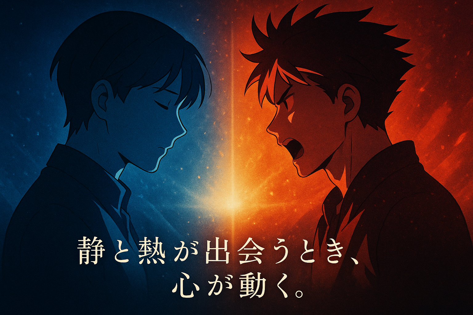 青と赤の光に包まれた二人の人物が向かい合う、静と熱の対比を描いたアニメ調イラスト。中央には「静と熱が出会うとき、心が動く。」の文字。AI生成のイメージ画像（本文内容を補足する参考ビジュアル）