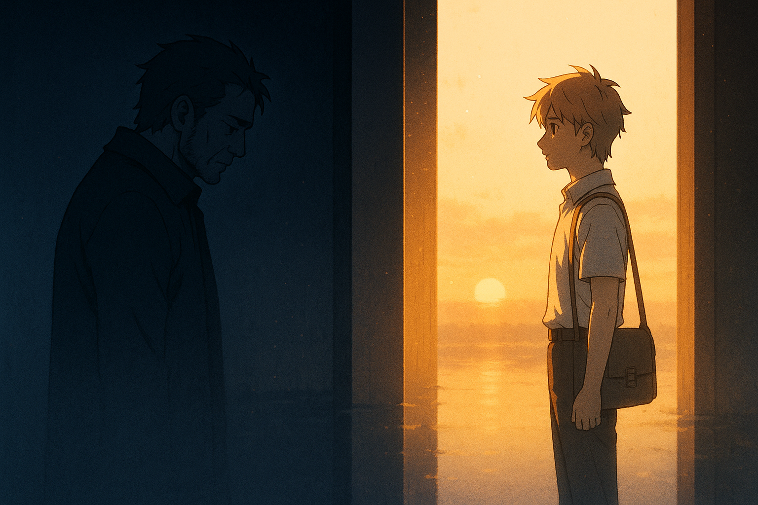 夕日の光で区切られた doorway を挟み、師が暗い室内に、弟子が外の光の中に立つアニメ調イラスト。光と影の分断が“別れと独立”を象徴している。AI生成のイメージ画像(本文内容を補足する参考ビジュアル)