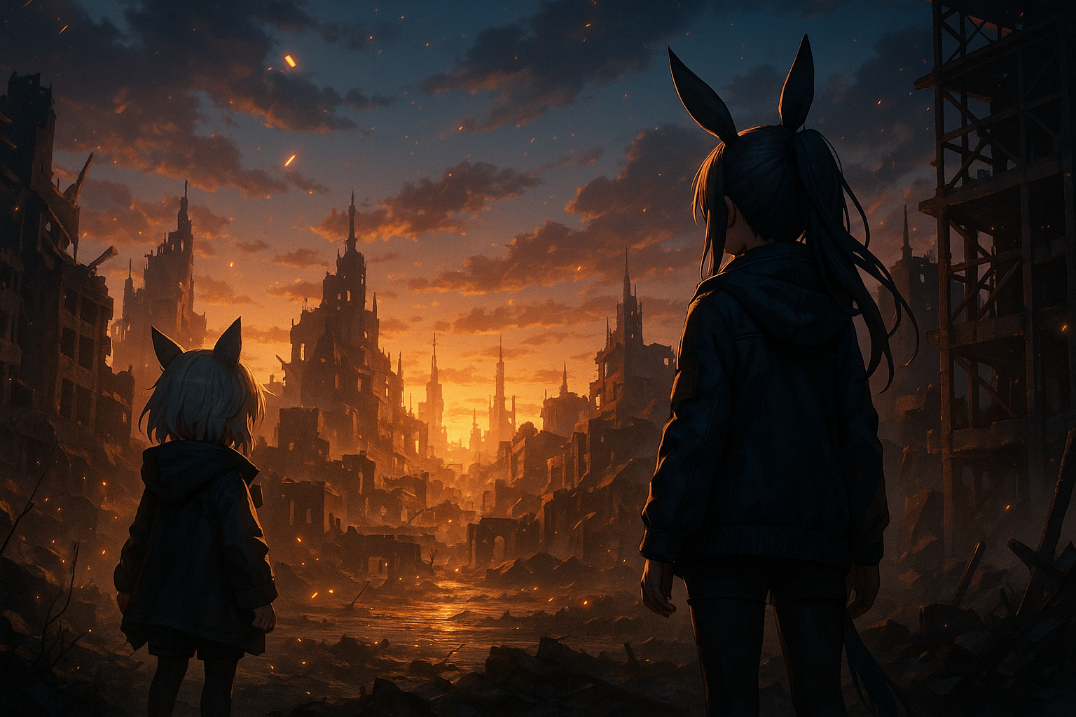 夕焼けの都市廃墟に立つ2人のキャラクターの後ろ姿を描いた3DCGアニメ風イラスト。感情的で幻想的な雰囲気。（AI生成イメージ画像／非公式素材）