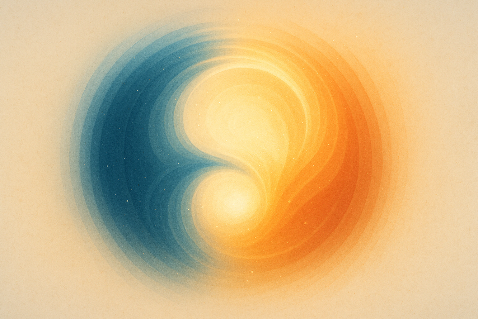 青と橙の光が円を描いて溶け合う、陰陽思想と調和の美を象徴するアニメ風抽象イラスト(本文内容を補足する参考ビジュアル)
