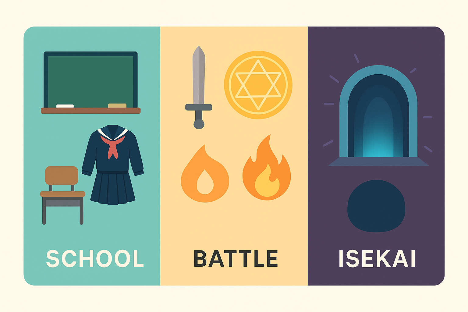 アニメのジャンル記号と世界観構造を示す図解