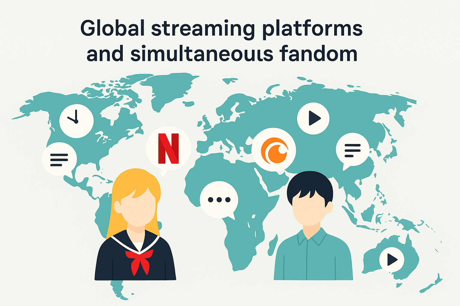 アニメ配信プラットフォームとファンダムの国際的同時性を示す図解
