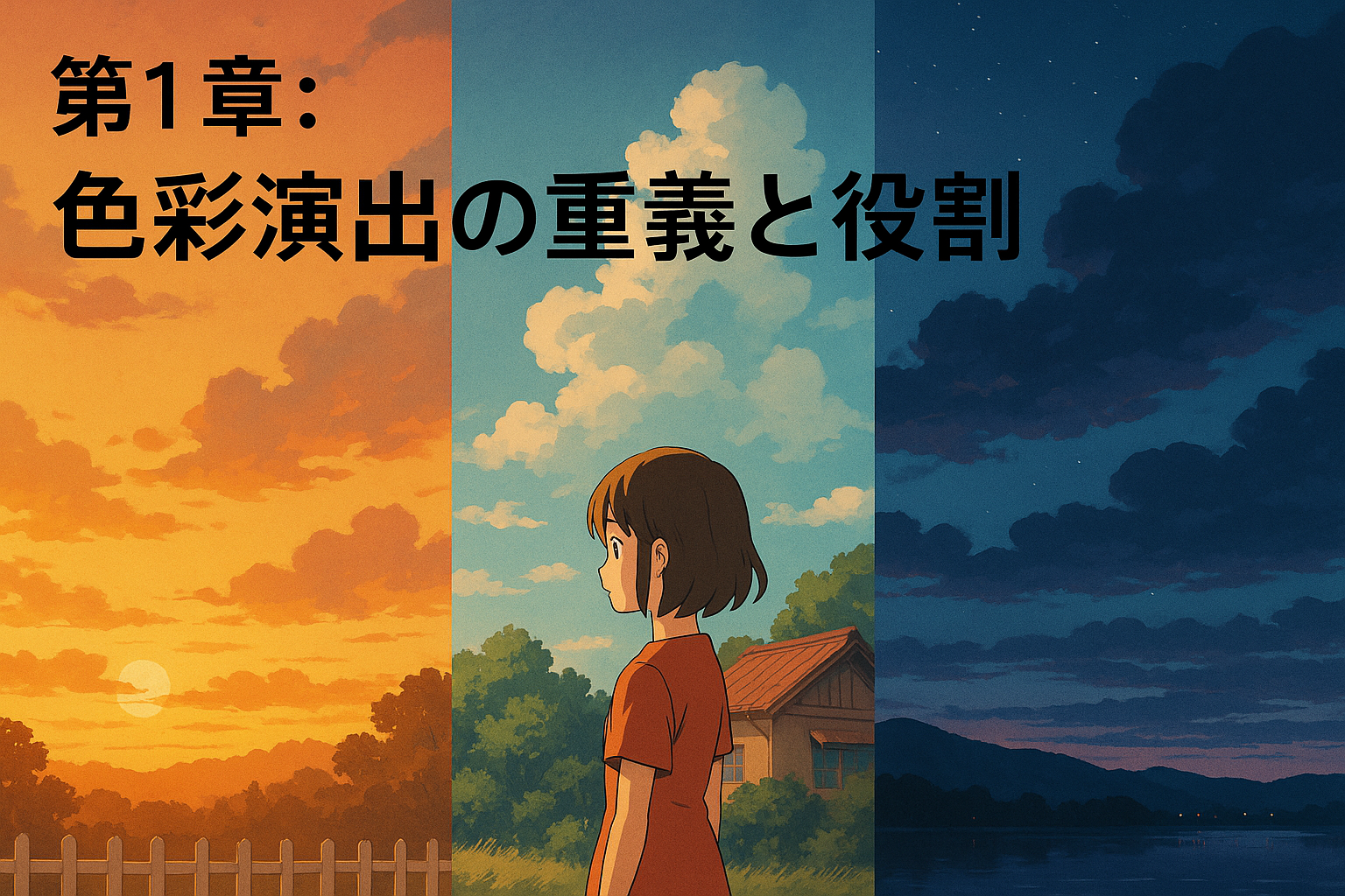 アニメ色彩演出の概念を象徴する横長イラスト。朝焼けの橙から夕暮れの青紫へと移ろう空のグラデーションと少女の横顔を通して、感情の変化を“色”で描く構図。(AI生成オリジナルイメージ画像/非公式素材)