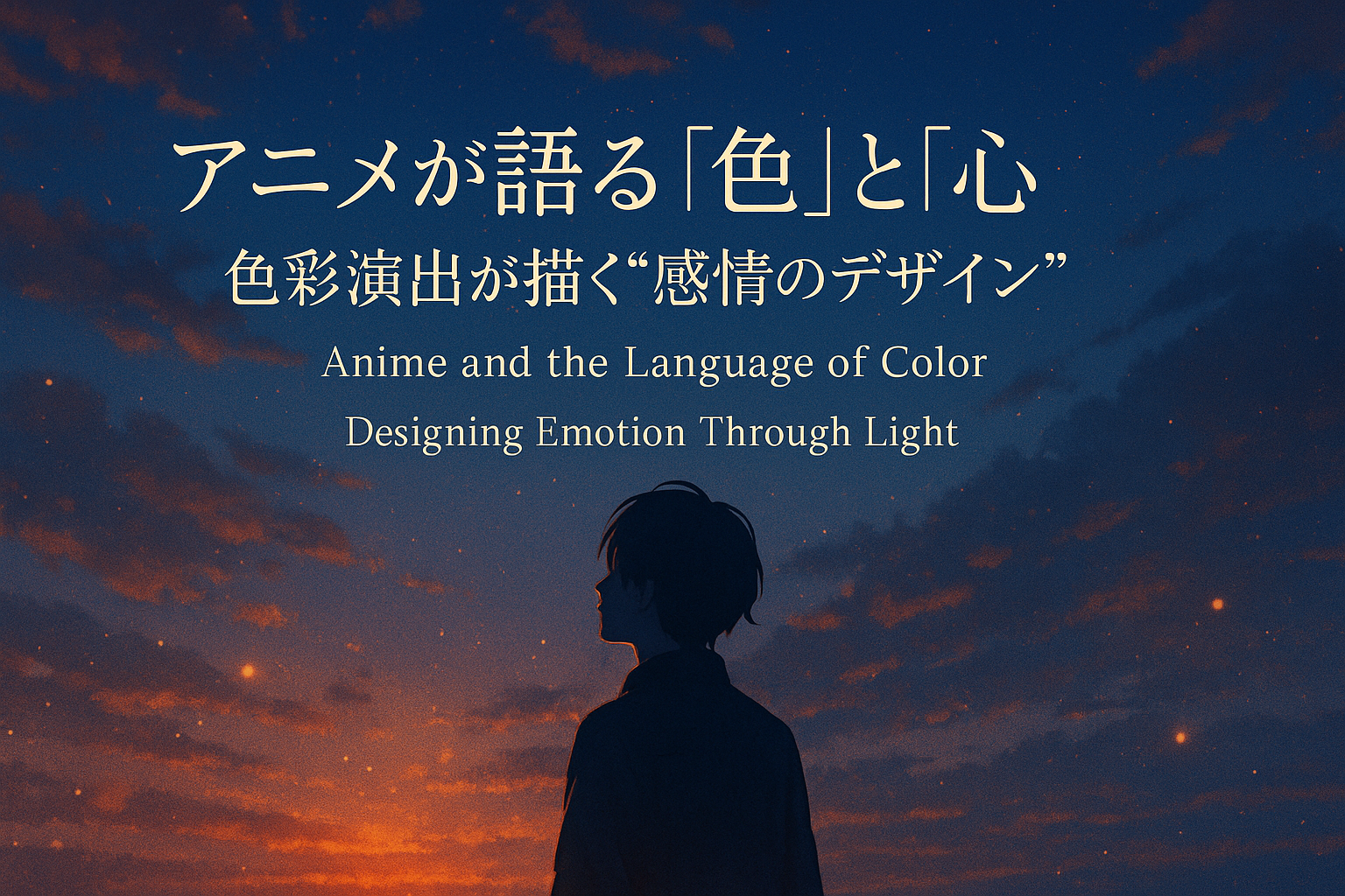 夕暮れの空を見上げる人物のシルエット。青と橙の光が溶け合う中、アニメの色彩演出が感情を語る様子を象徴したビジュアル。（AI生成オリジナルイメージ画像／非公式素材）