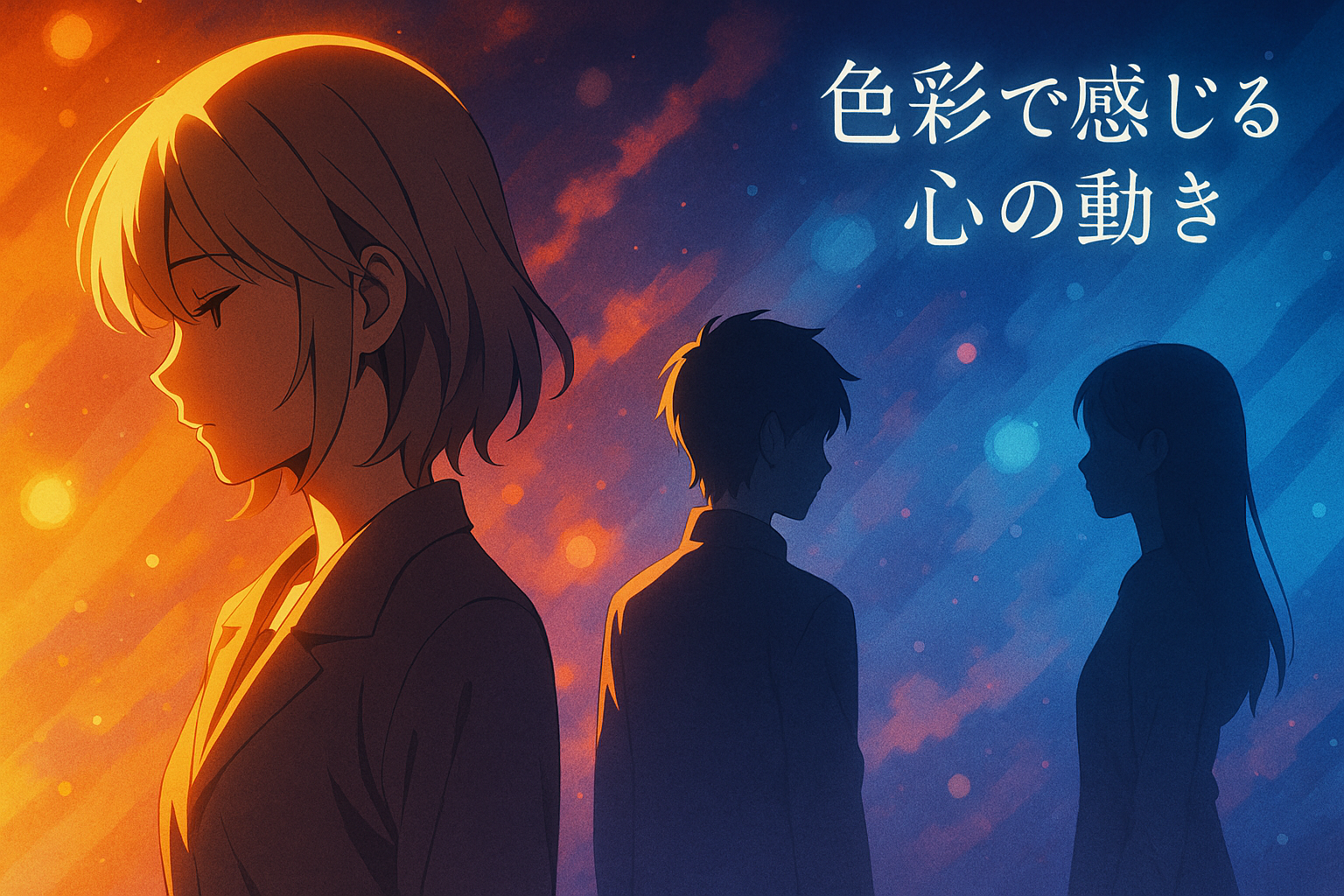 アニメ風のシルエットと色彩演出で感情表現を示すイメージイラスト。（AI生成オリジナルイメージ画像／非公式素材）