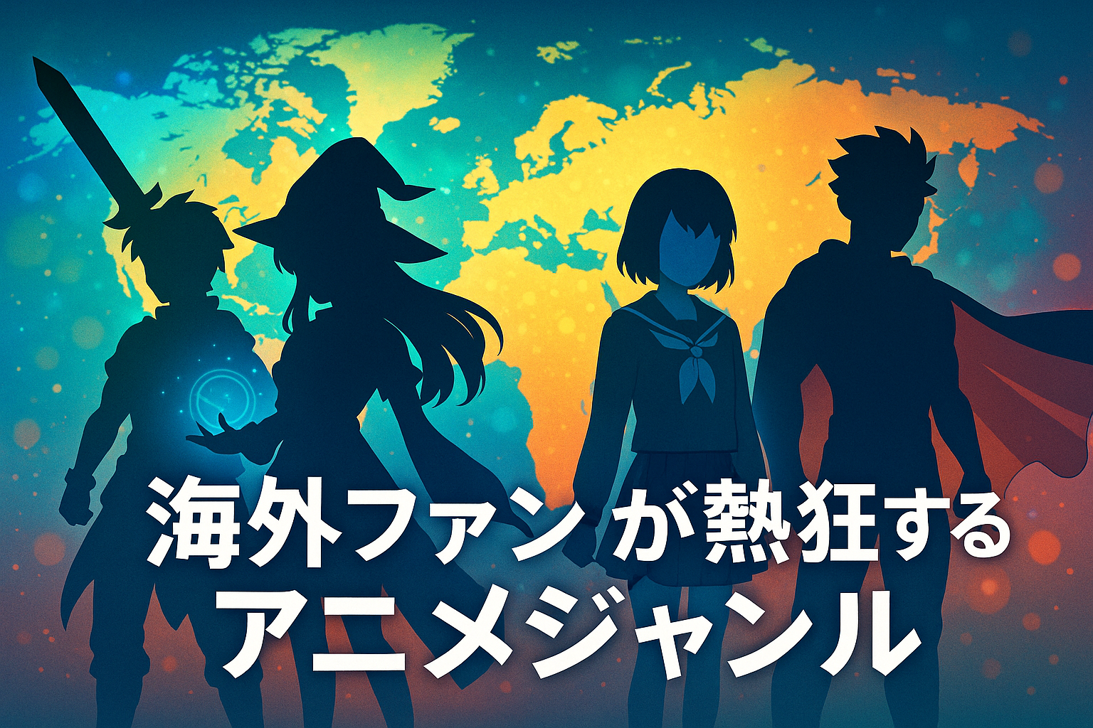 海外ファンが熱狂するアニメジャンルを象徴するイラスト。異世界・バトル・日常・ヒーローを表すキャラクターシルエットと世界地図。（AI生成オリジナルイメージ画像／非公式素材）