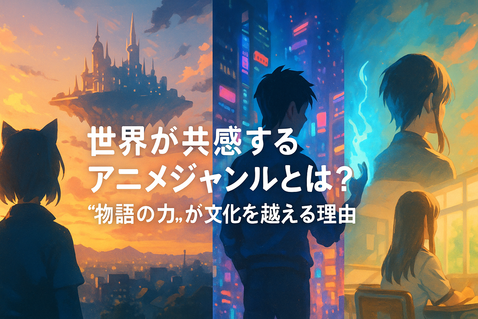 海外で人気のアニメジャンルを象徴的に描いたカラフルな3DCGアニメ風イラスト。ジャンルごとの多様性と世界的な受容を表現した構成。（AI生成オリジナルイメージ画像／非公式素材）