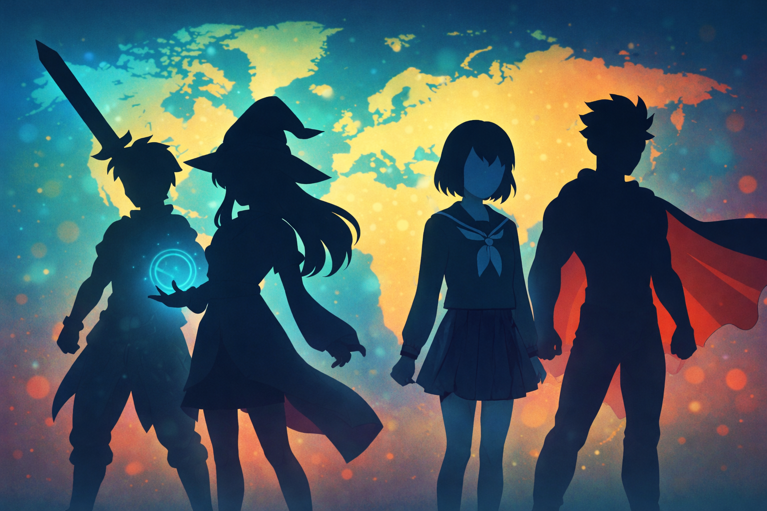 世界地図を背景に、剣士・魔法使い・女子学生・ヒーローが並ぶアニメ風シルエットイラスト。（本文を補足するイメージ画像）