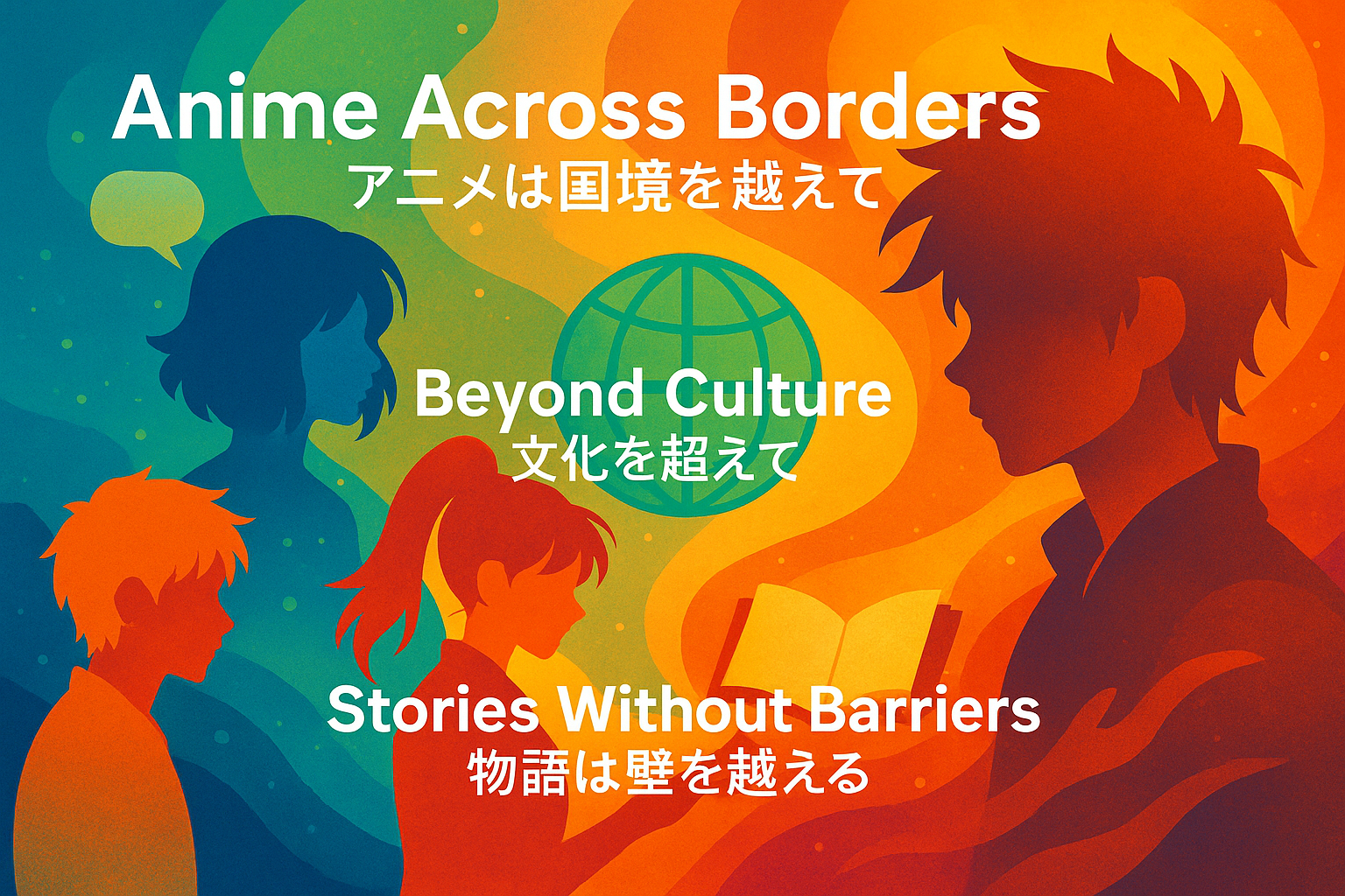 海外で人気を集めるアニメの普遍的な魅力を表現した抽象的なキャラクターシルエットと翻訳を象徴するイラスト。（AI生成オリジナルイメージ画像／非公式素材）