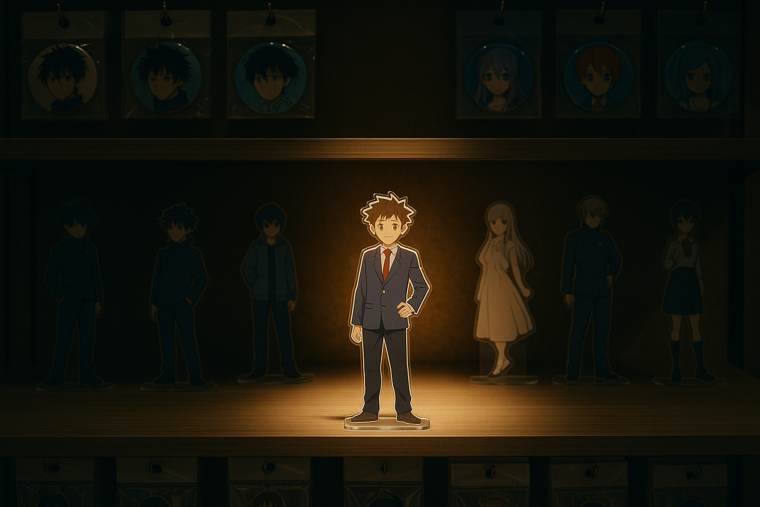 アニメグッズの棚に並ぶキャラクターアクリルスタンド。中央のキャラが照明に照らされている様子。（本文を補足するイメージ画像）