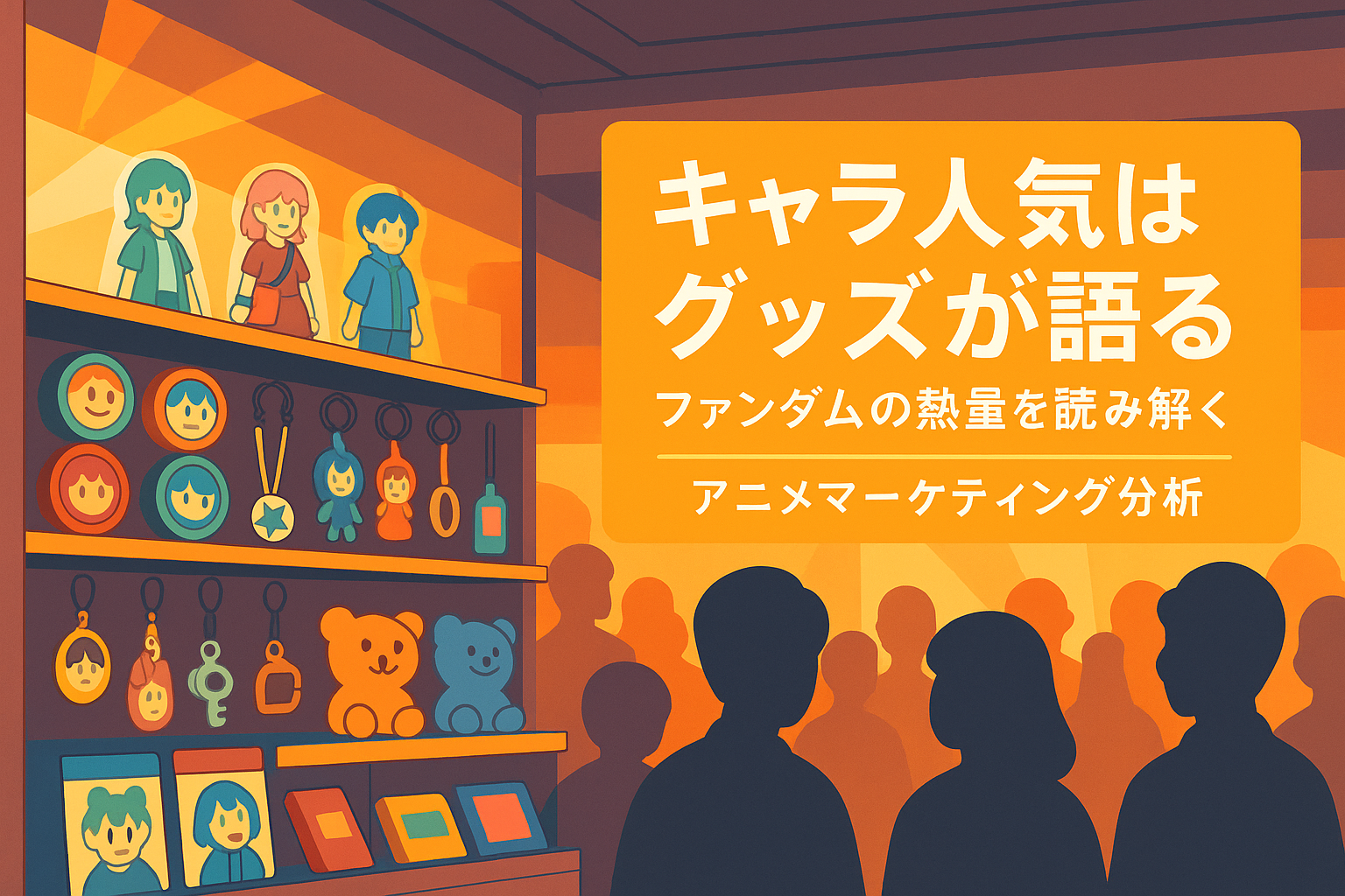 アニメグッズ展開とキャラ人気の関係を表現したフラットデザインのイラスト。ファン心理とマーケティング分析を象徴するシーン。（AI生成オリジナルイメージ画像／非公式素材）