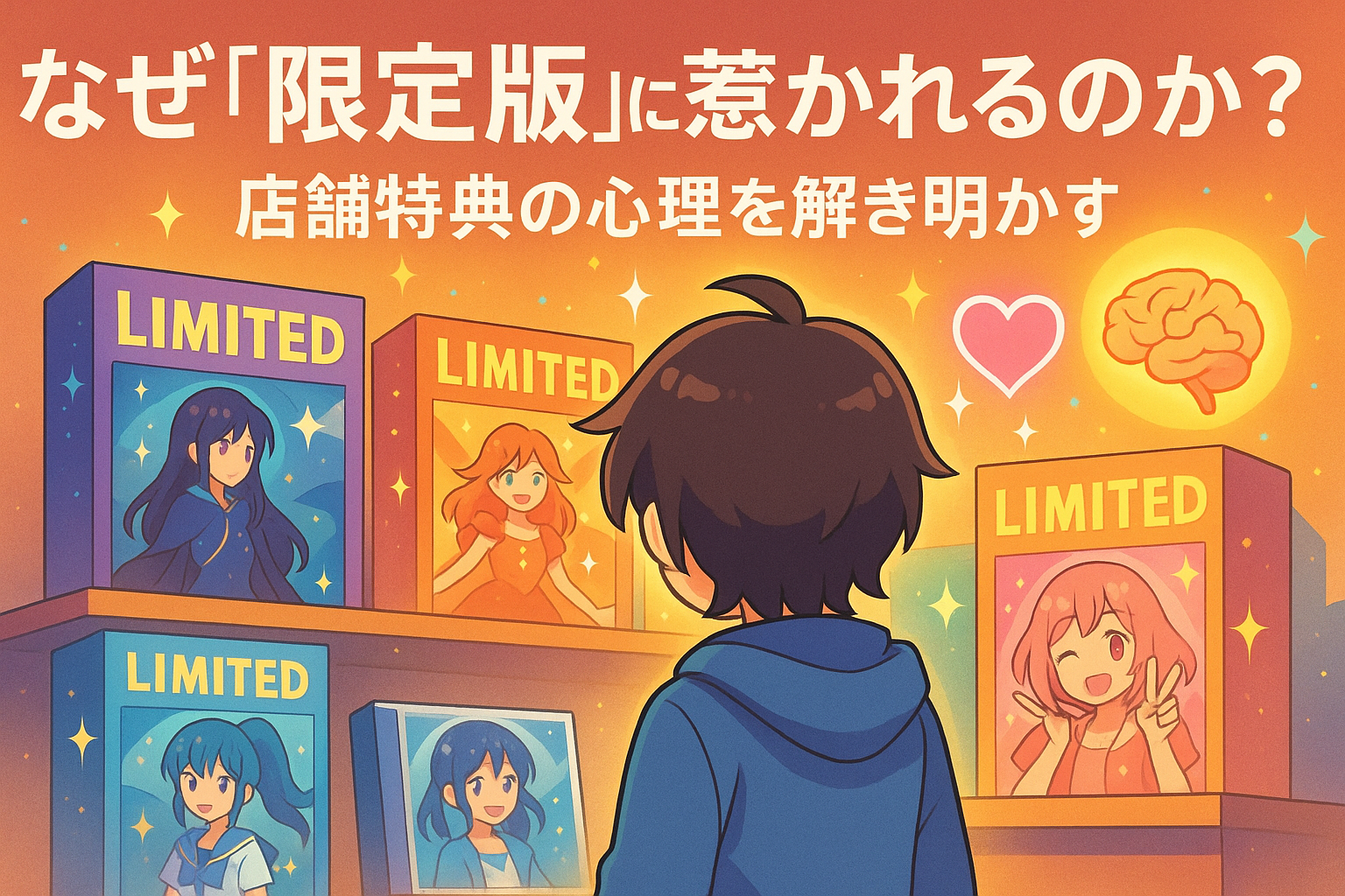 店舗特典に心を動かされるファン心理を象徴するイラスト。（AI生成オリジナルイメージ画像／非公式素材）