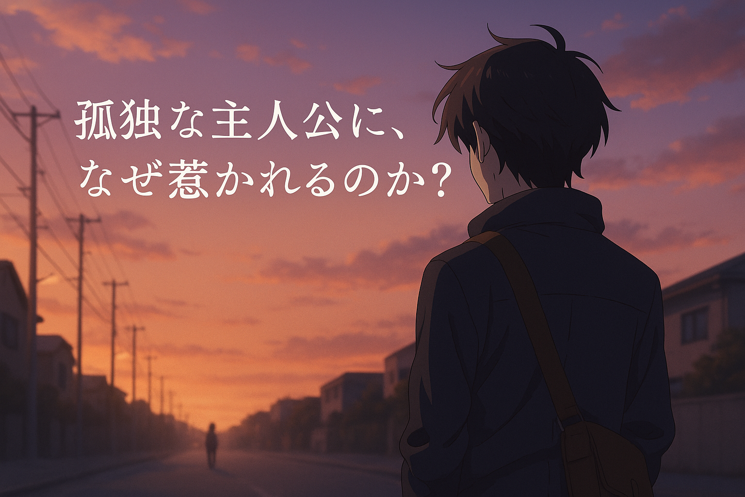 夕暮れの街を一人で歩くアニメ風の青年キャラクターの後ろ姿。（AI生成オリジナルイメージ画像／非公式素材）