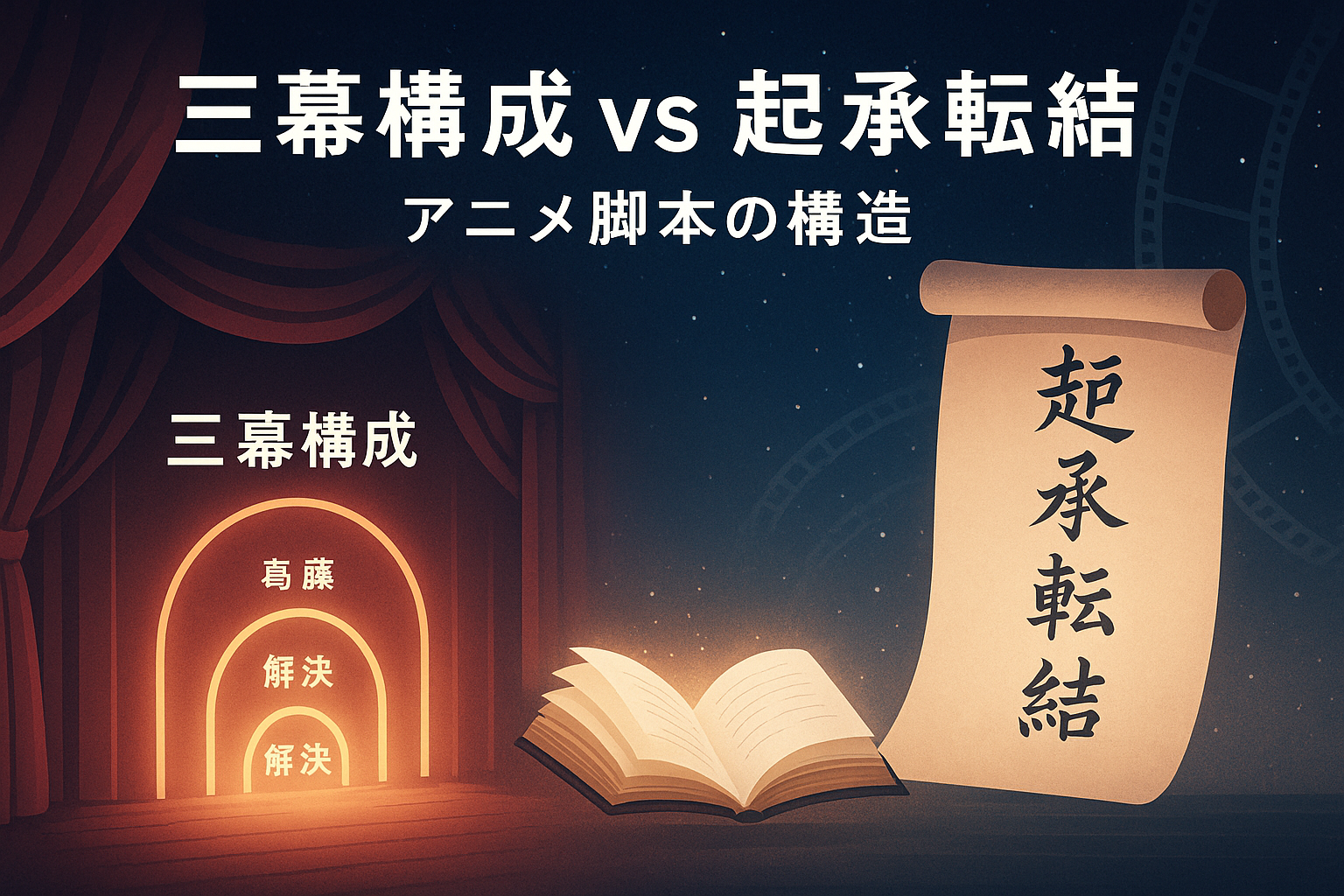 三幕構成と起承転結を対比したアニメ脚本の構造イメージ。（AI生成オリジナルイメージ画像／非公式素材）
