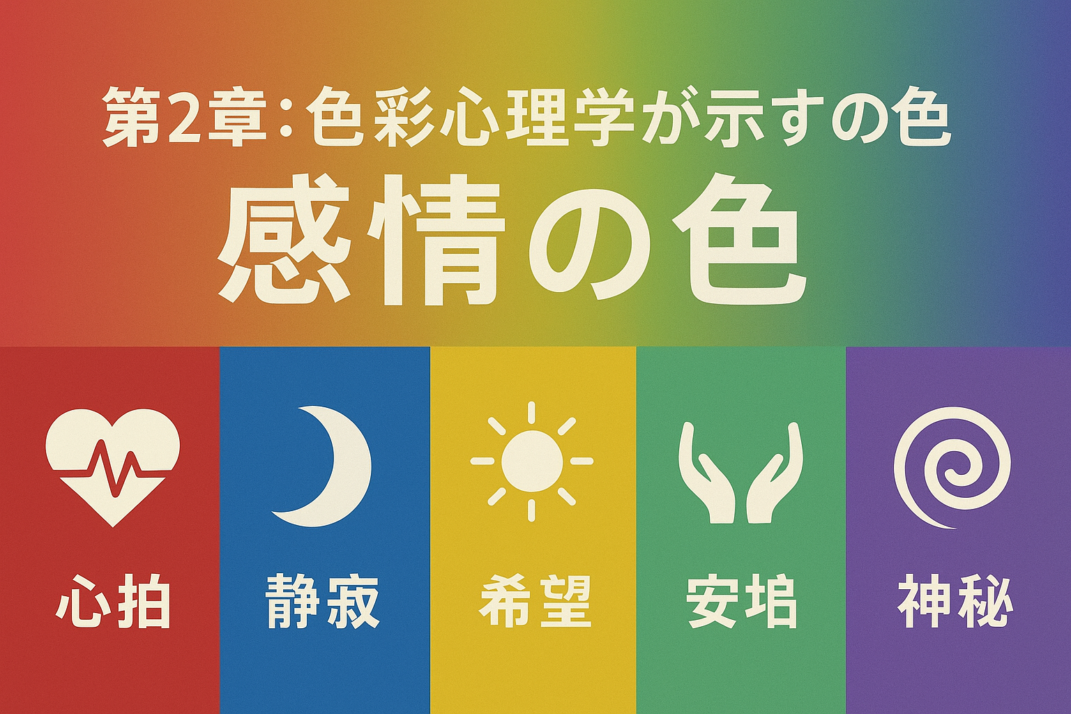 「第2章:色彩心理学が示す“感情の色”」のタイトル入り横長イラスト。赤・青・黄・緑・紫の帯に心拍・静寂・希望・安堵・神秘を象徴するアイコンと文字が並ぶデザイン。(AI生成オリジナルイメージ画像/非公式素材)