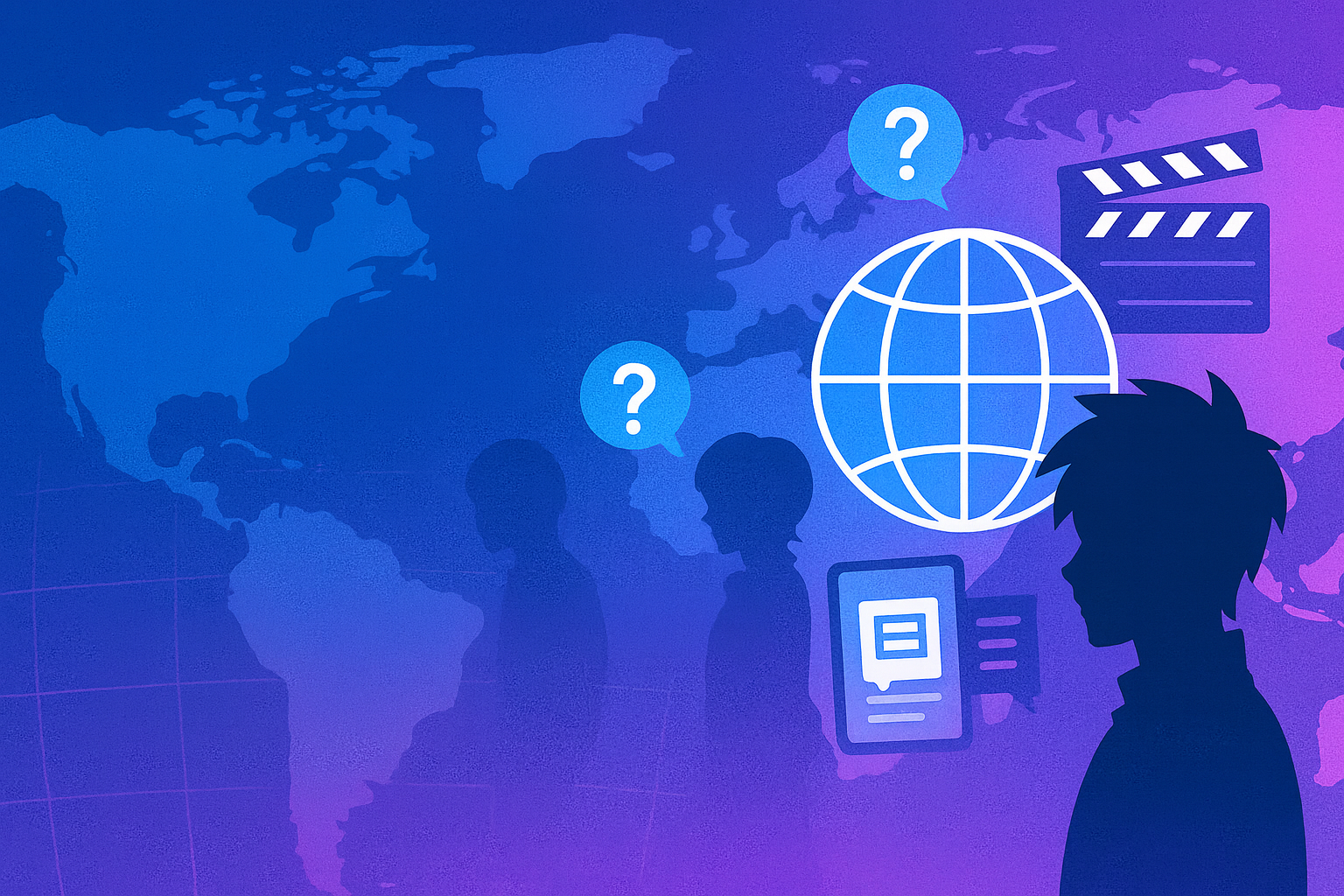 日本アニメが世界へ広がる様子を、地球と人物シルエットで象徴的に示した抽象イラスト