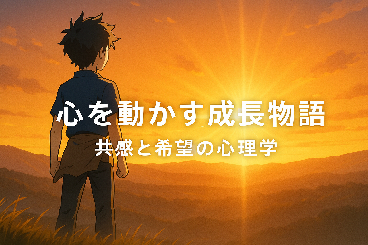 夕日を背景に立つ若者と輝く地平線を描いたアニメ風イラスト。成長と希望を象徴する構図。（AI生成オリジナルイメージ画像／非公式素材）