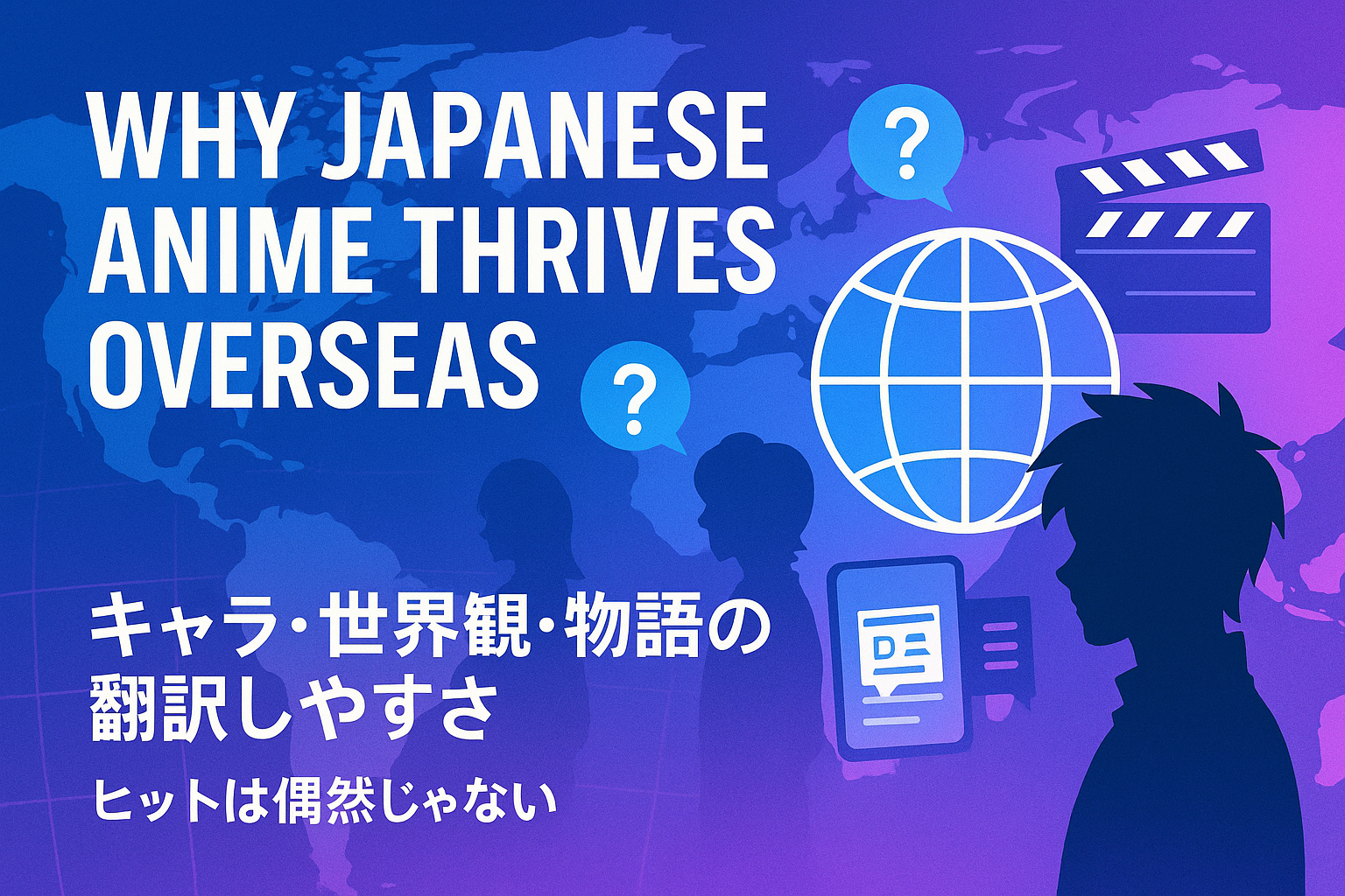日本アニメが海外で人気を集める理由を示すアイキャッチ画像。地球やキャラクターのシルエットと文字「Why Japanese Anime Thrives Overseas」「キャラ・世界観・物語の翻訳しやすさ」が配置されている。（AI生成オリジナルイメージ画像／非公式素材）