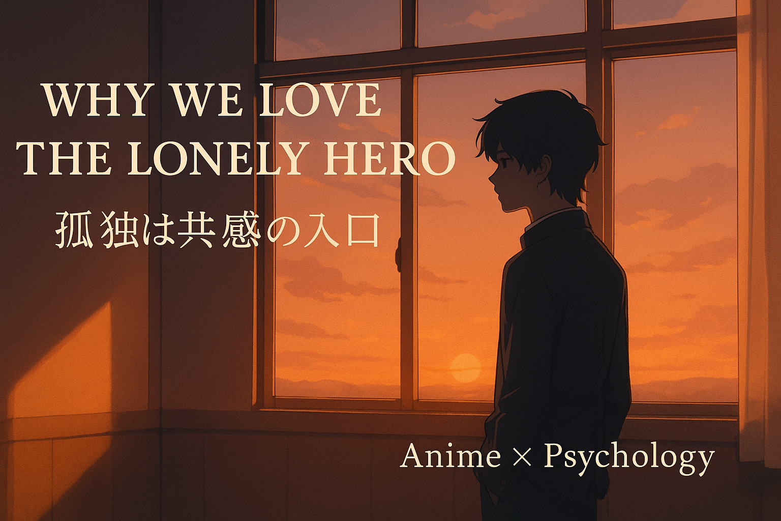 夕暮れの教室で窓の外を見つめる孤独な主人公のシルエットと「Why We Love the Lonely Hero」「孤独は共感の入口」という文字。（AI生成オリジナルイメージ画像／非公式素材）