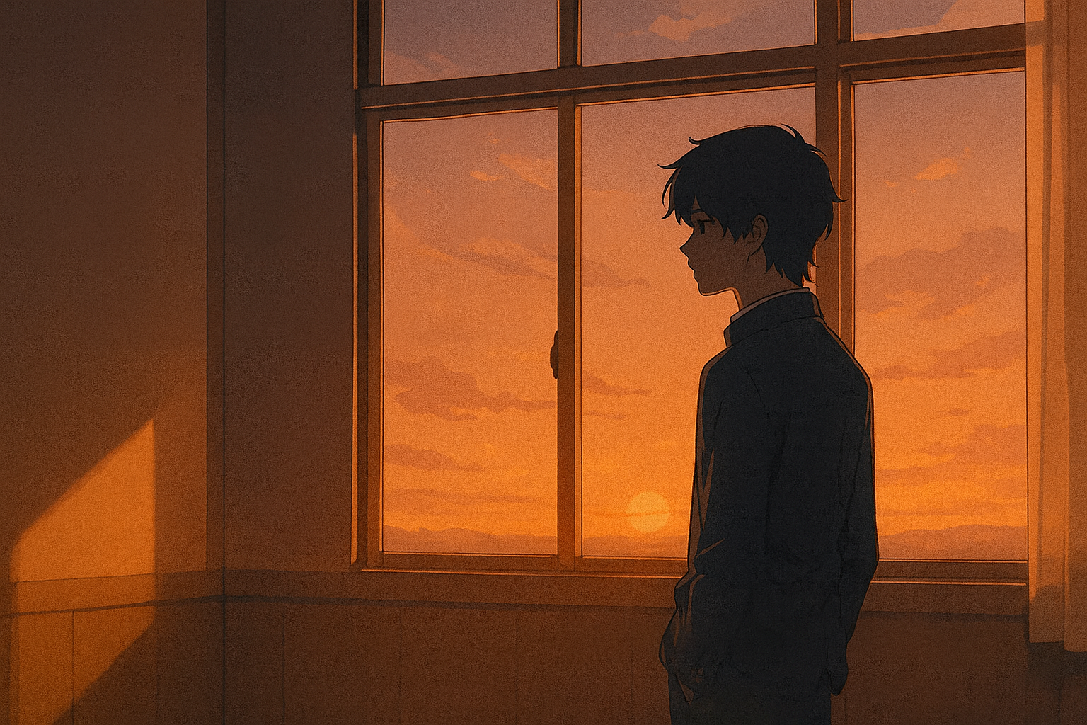 放課後の教室で夕陽を見つめる孤独な主人公を描いたアニメ風イラスト（本文を補足するイメージ画像）