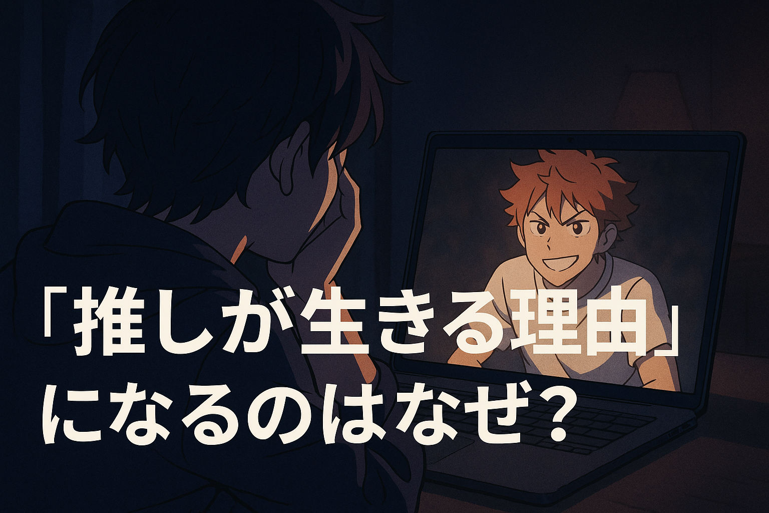 夜の部屋でノートPCのキャラクターに勇気づけられる人物を描いたイメージ。推しが生きる理由になる瞬間を象徴。（AI生成オリジナルイラスト／非公式素材）