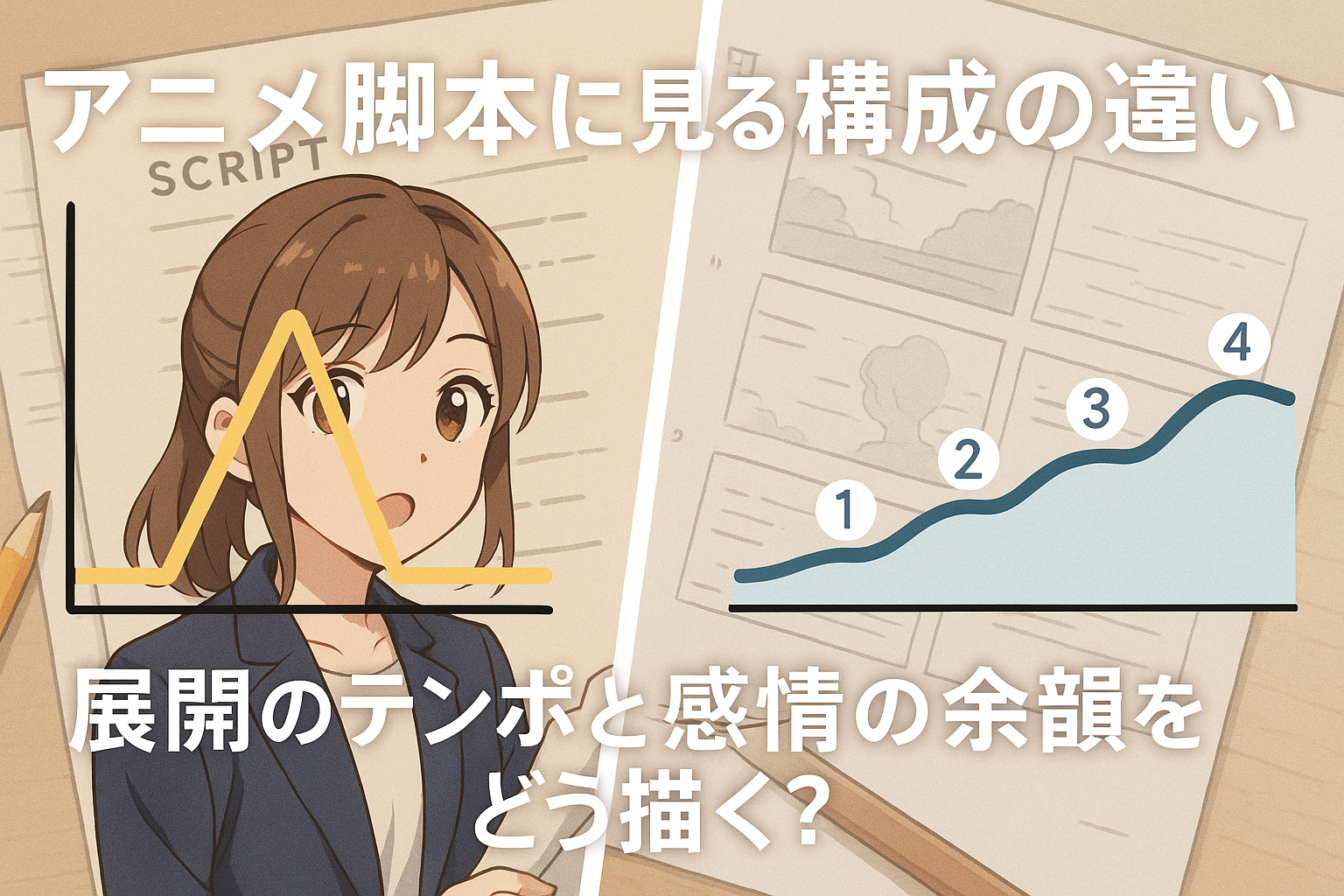 物語の展開パターンを比較した図解、緩急のある構成と落ち着いた構成の対比（AI生成オリジナルイメージ画像／非公式素材）
