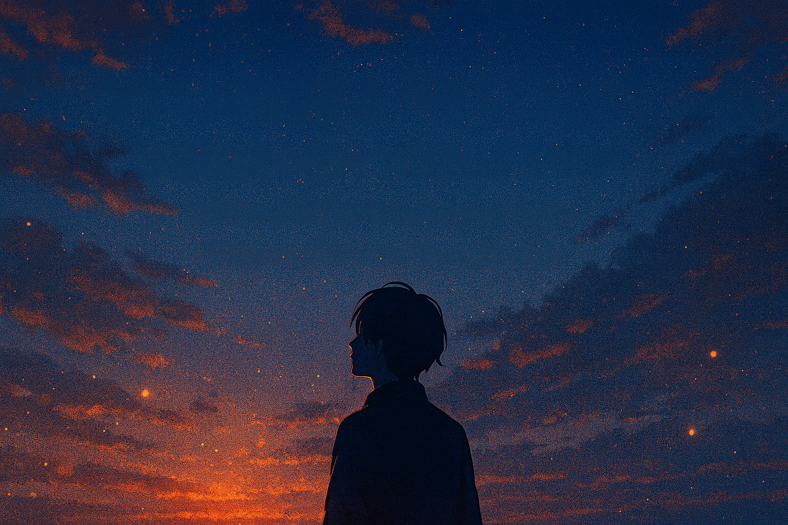 夕暮れの光を見上げる人物のシルエット。青と橙が溶け合う中で、感情が色として立ち上がる瞬間を象徴した抽象イメージ。