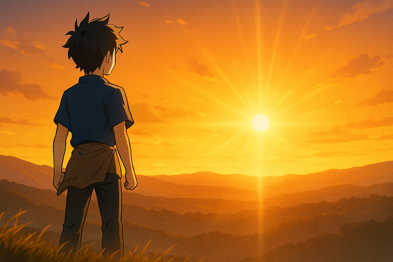 夕日を見つめる少年の背中。アニメの成長物語を象徴する情景（本文を補足するイメージ画像）