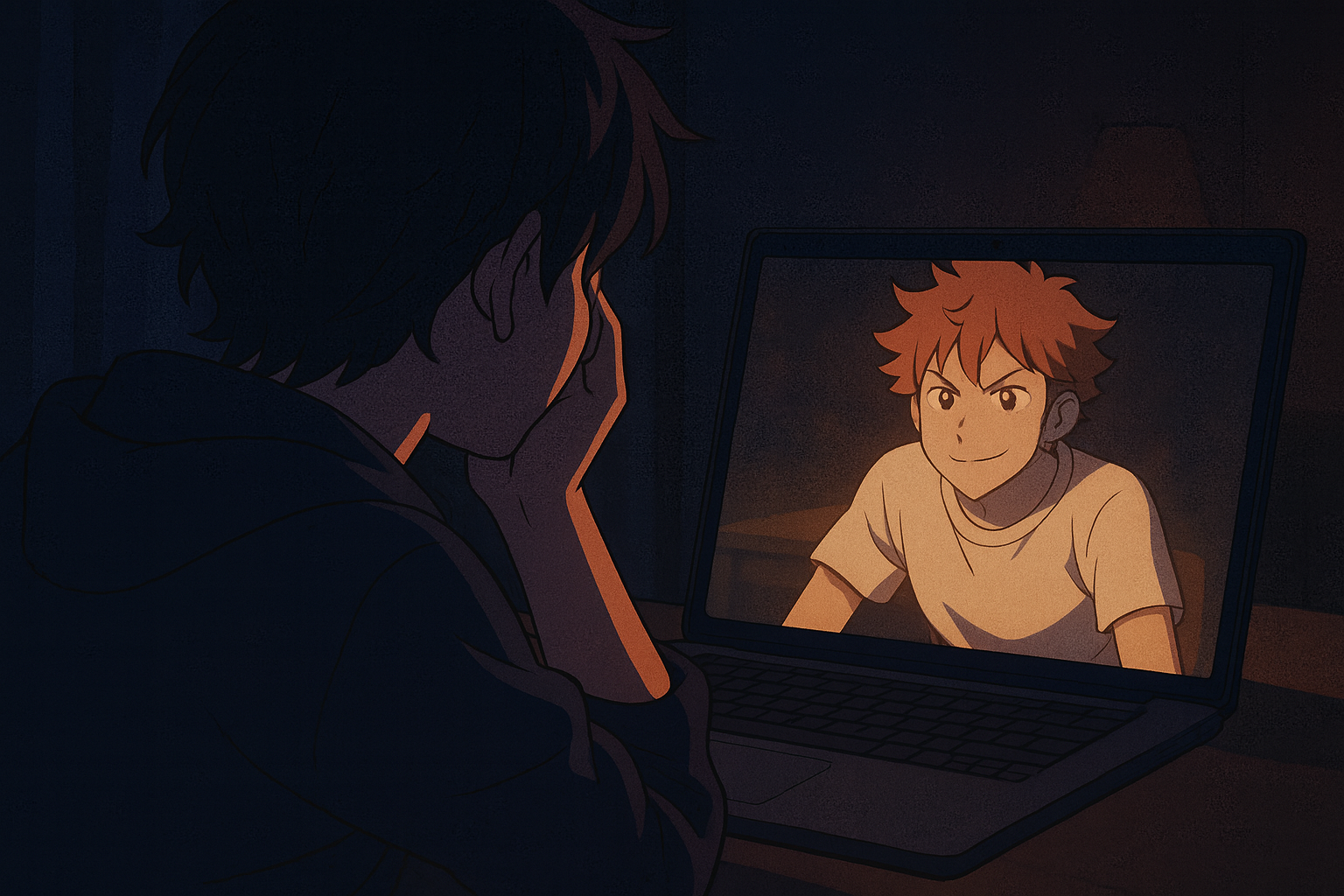 夜の部屋でノートPCのキャラクターに励まされる人物の姿。心の支えが生まれる瞬間を象徴するイメージ。（本文内容を補足する参考ビジュアル）