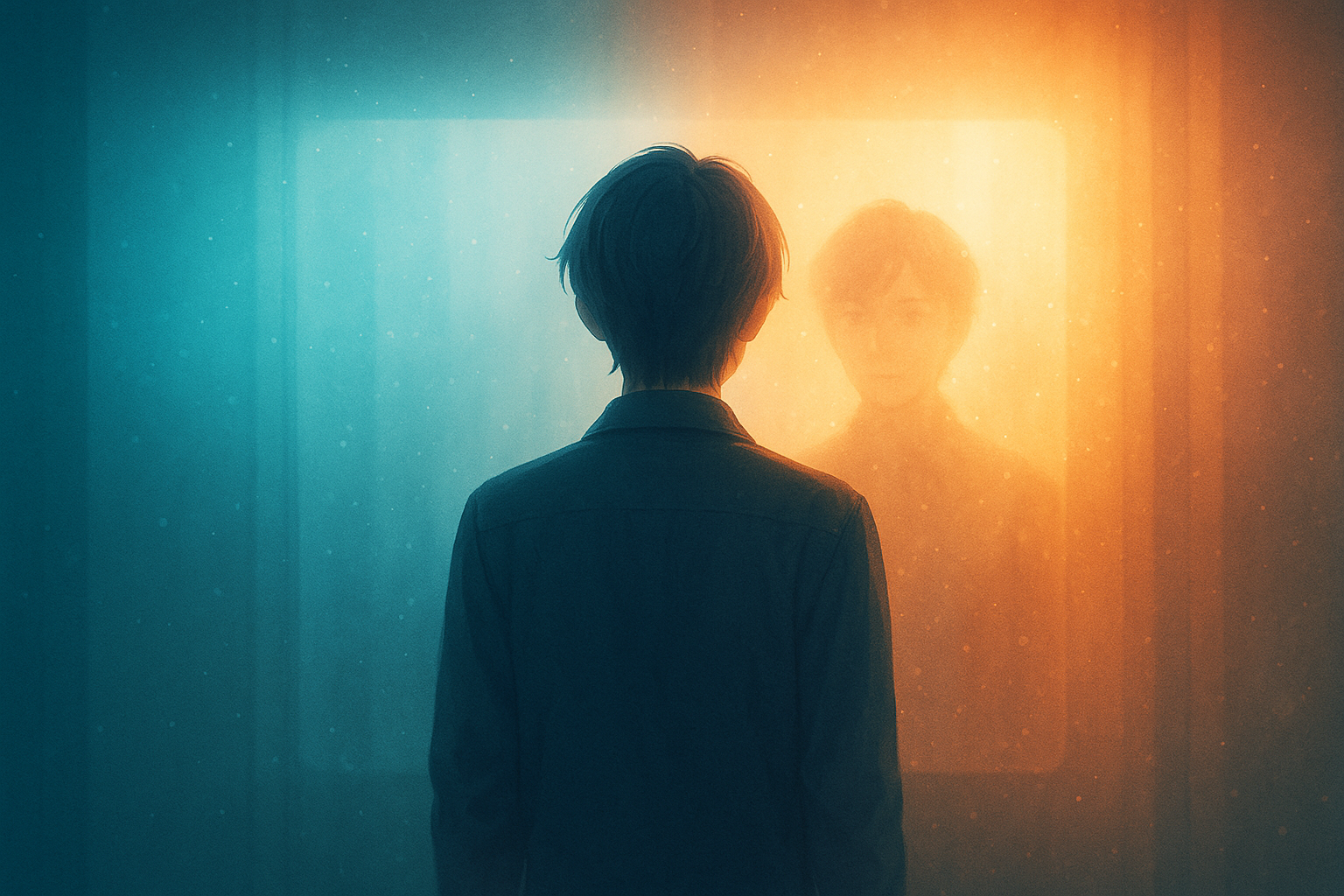 光に包まれたスクリーンの前に立つ人物が、自分の姿を映す鏡と向き合う。現実と虚構が交わる瞬間を象徴する幻想的な構図。（本文内容を補足する参考ビジュアル）
