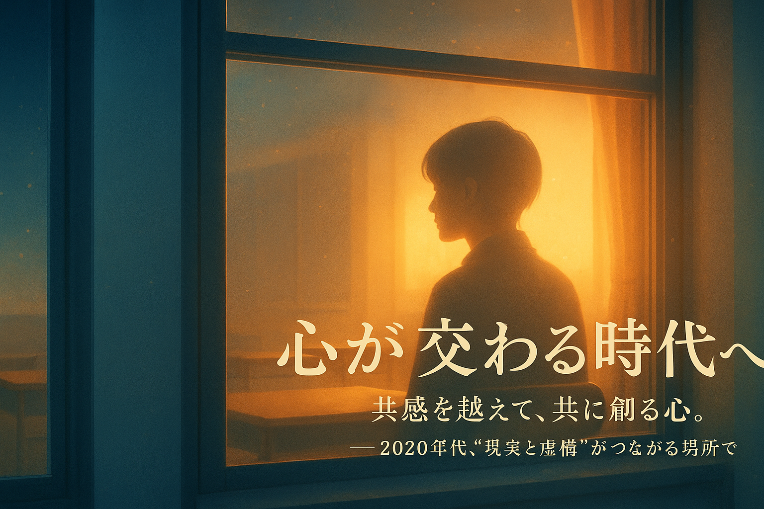窓越しに見える黎明の教室で、光に包まれた人物が未来を見つめる。現実と虚構が溶け合い、共感から共創へ向かう時代を象徴する情景。（記事内容を補足する参考ビジュアル）
