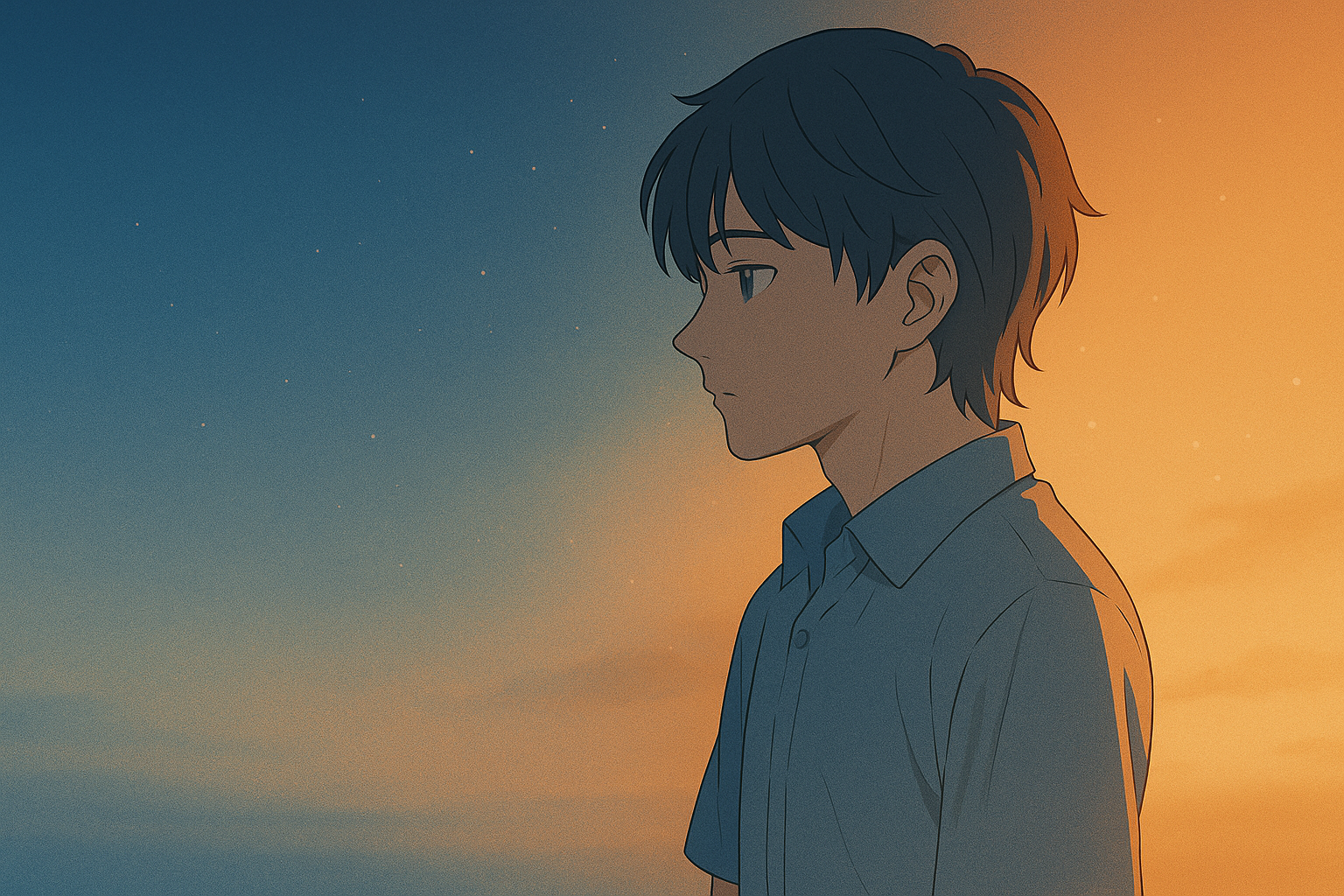 青と橙の光に包まれたアニメ調の人物が夕暮れに佇む様子。感情の静けさと温かさを象徴するイメージ。