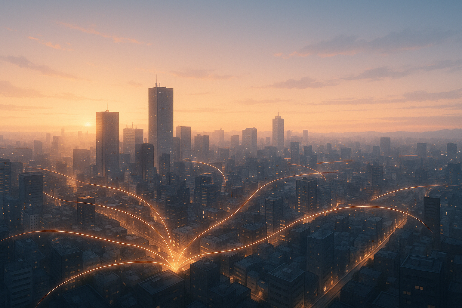 夜明けの都市を高所から見下ろし、街のあちこちに光の線が静かに流れる。現実的な都市風景の中に、感情のつながりを象徴する構図。（本文内容を補足する参考ビジュアル）