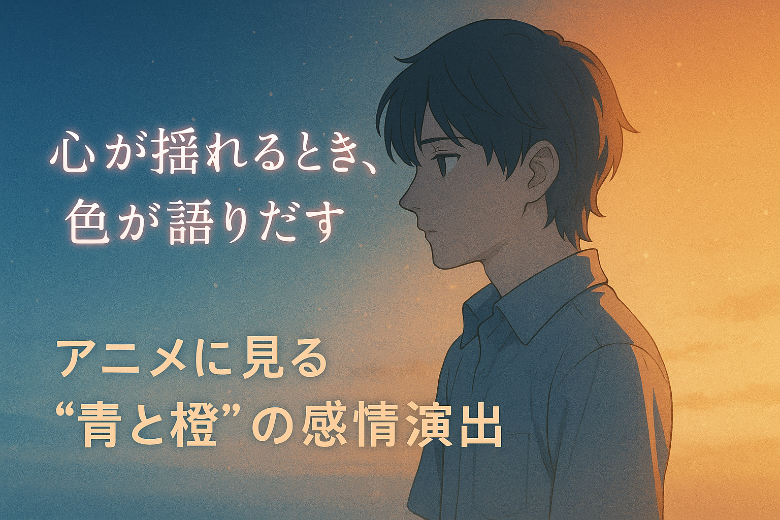アニメにおける青と橙の色彩演出をテーマにした感情表現のアイキャッチ画像。静かな夕暮れの空と人物の横顔が描かれ、アニメ色彩心理・感情の時間設計を象徴するビジュアル。（本文内容を補足する参考図）