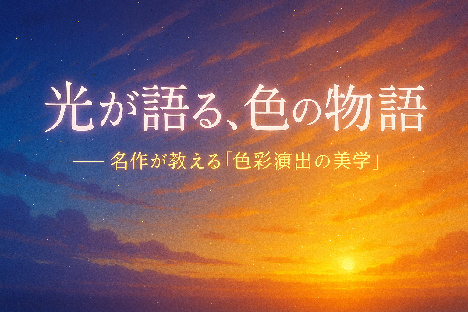 アニメの夕景をモチーフにした色彩演出の美学を象徴するアイキャッチ。青と橙の光が交差し、アニメ 色彩心理と感情演出のテーマを示すサムネイル画像。