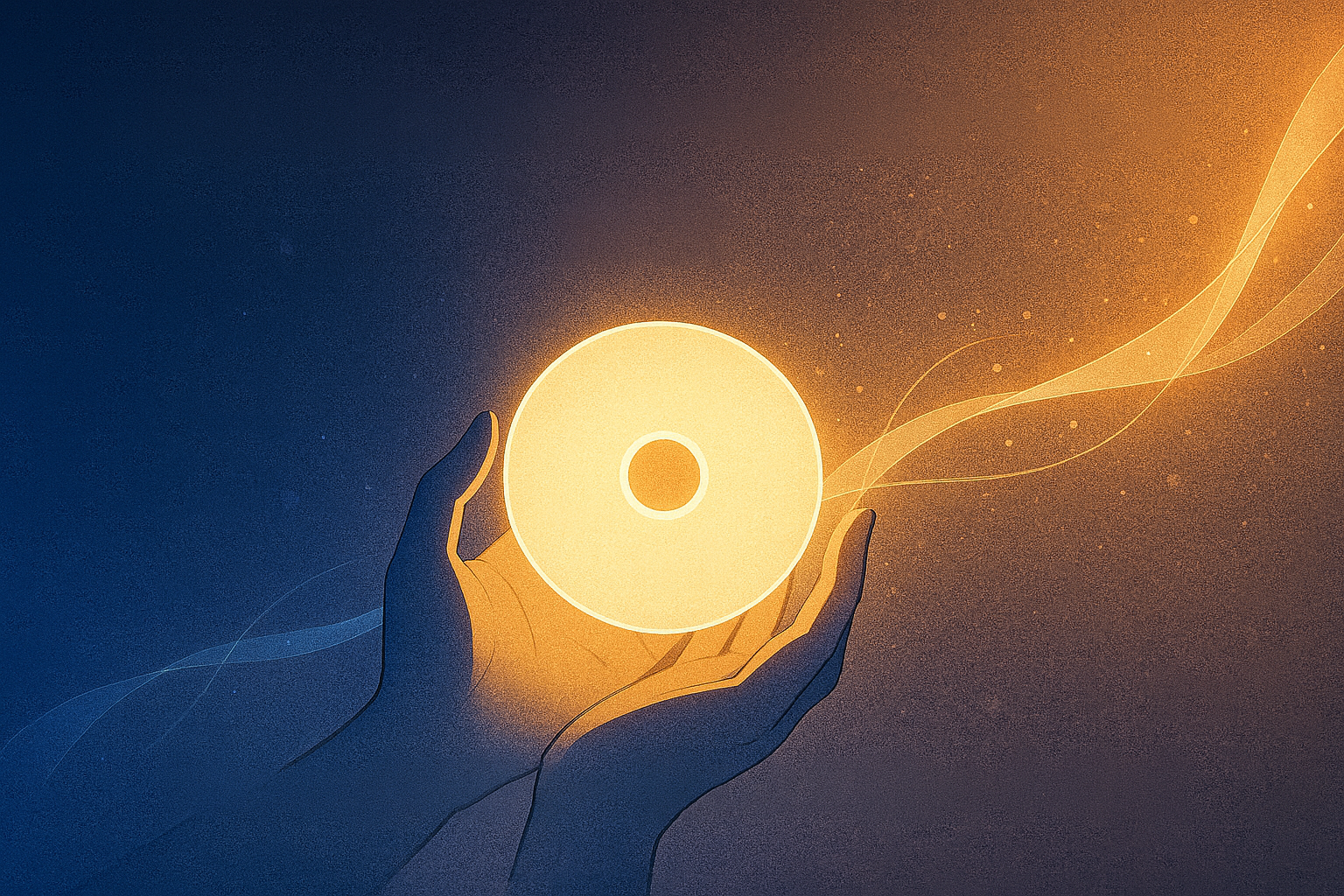 青から金色へ溶ける光の中、両手に浮かぶ発光ディスクが思い出の尊さを示す静かなイメージ。柔らかな光が余白へ広がる。（本文内容を補足する参考ビジュアル）