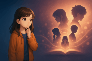 キャラクターの心理を考察する少女。