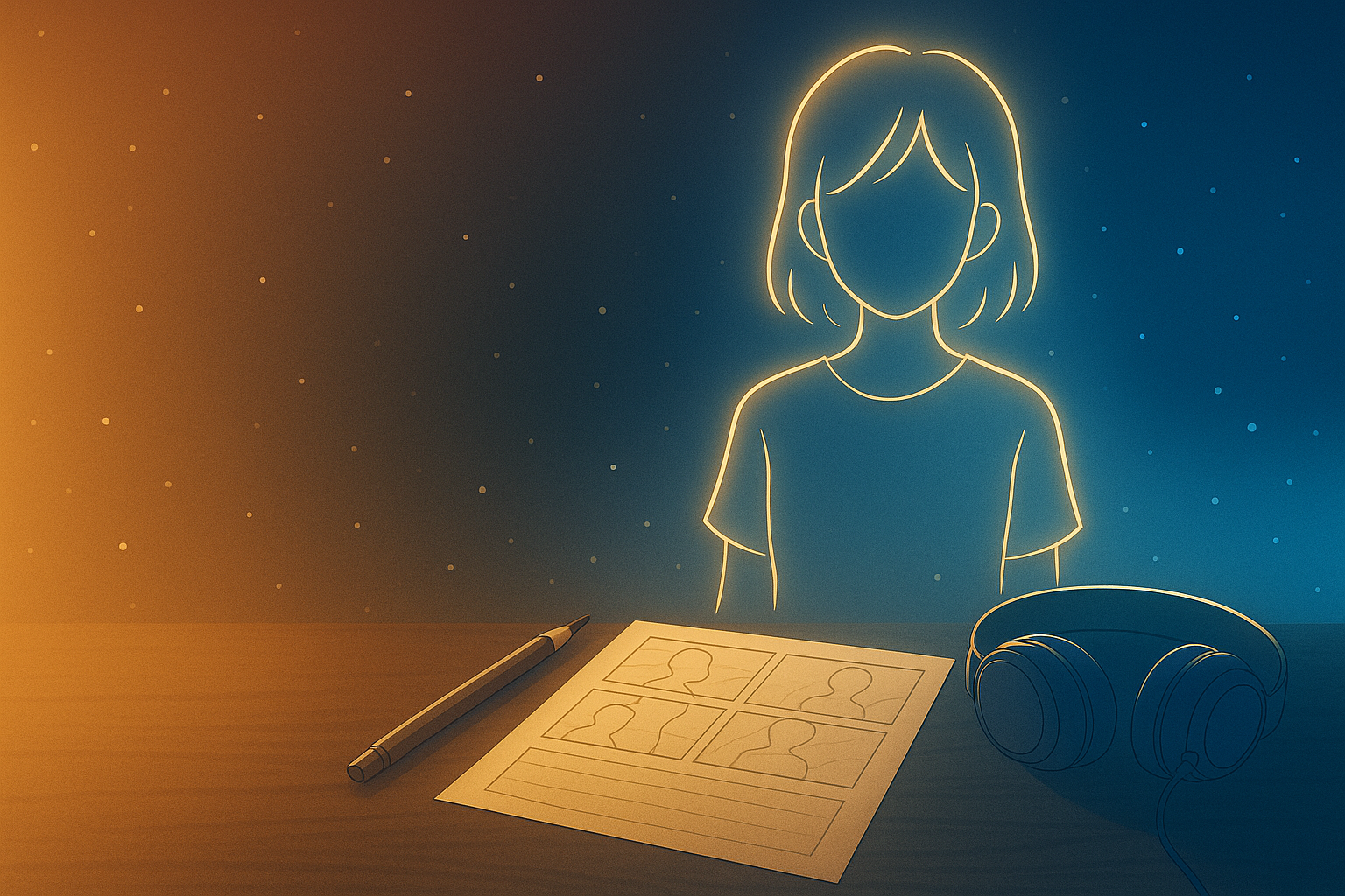 温かな橙と青の光に包まれ、人物のシルエットと絵コンテ、ヘッドフォンが並ぶ。制作現場の静かな思考と共感の瞬間を描くイメージ。（本文内容を補足する参考ビジュアル）