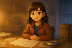 制作資料に向かう少女。