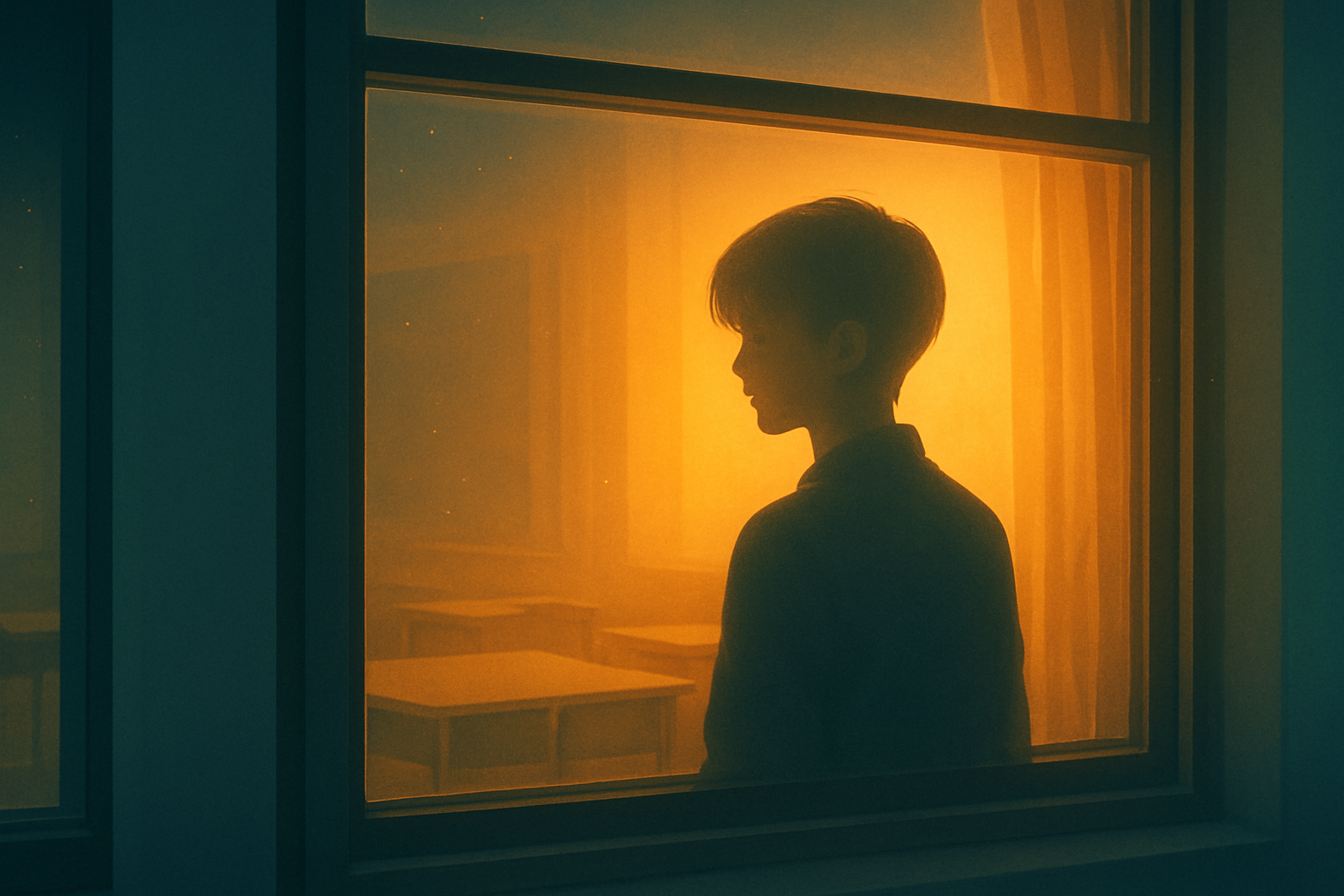 夕陽の光に染まる教室を背景に、窓辺で佇む人物の横顔シルエットが浮かぶ。温かな橙と静かな青が交差する静謐なイメージ。（本文内容を補足する参考ビジュアル）