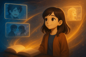 映像の光に包まれる少女。