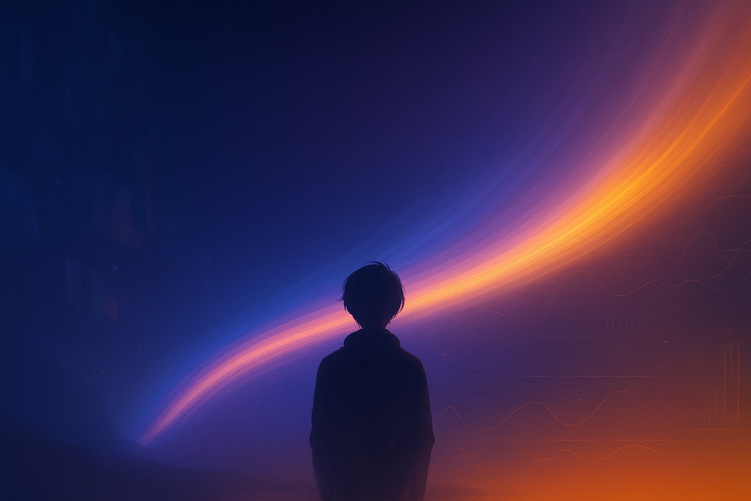 青と橙の光の帯を見つめる人物のシルエット。アニメの色彩演出と心の温度を象徴するイメージ。