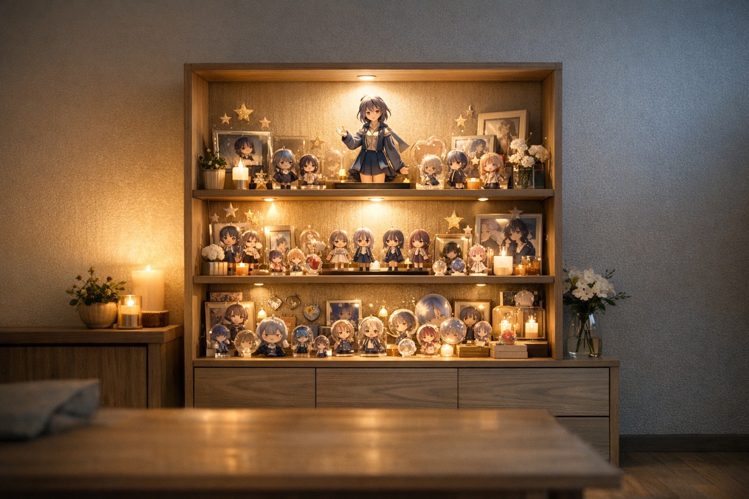 柔らかな灯りに照らされた推し棚。アクリルスタンドやフィギュアが整然と並び、静かな感情の空間をつくり出している。（本文を補足するイメージ画像）