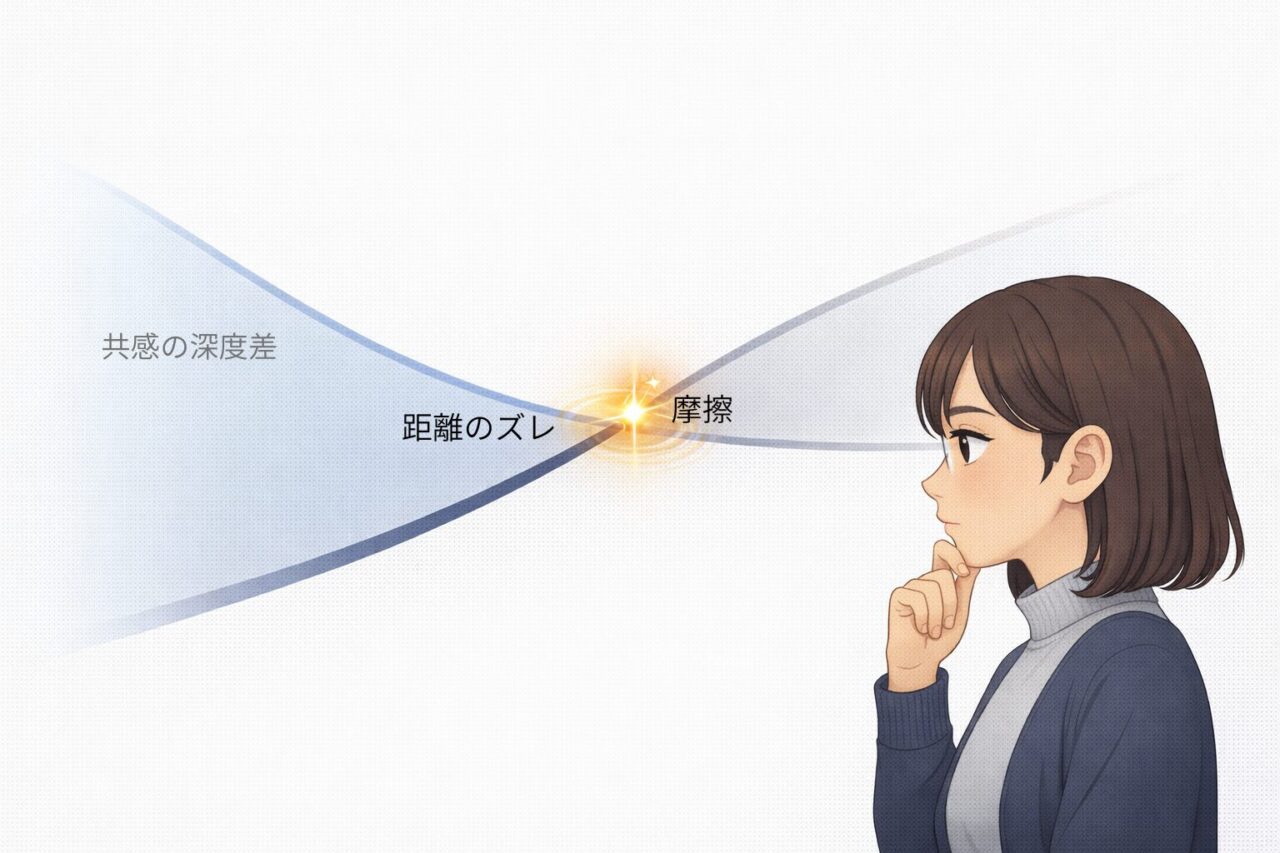 共感の深度差が距離のズレを生み交点で摩擦が生じる心理構造図