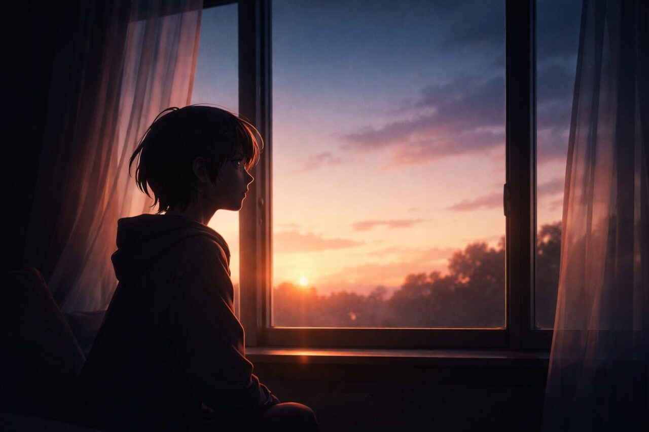 夕暮れの窓辺で外を見つめる人物のシルエット。日本アニメの内面的感情表現を象徴するイメージ。