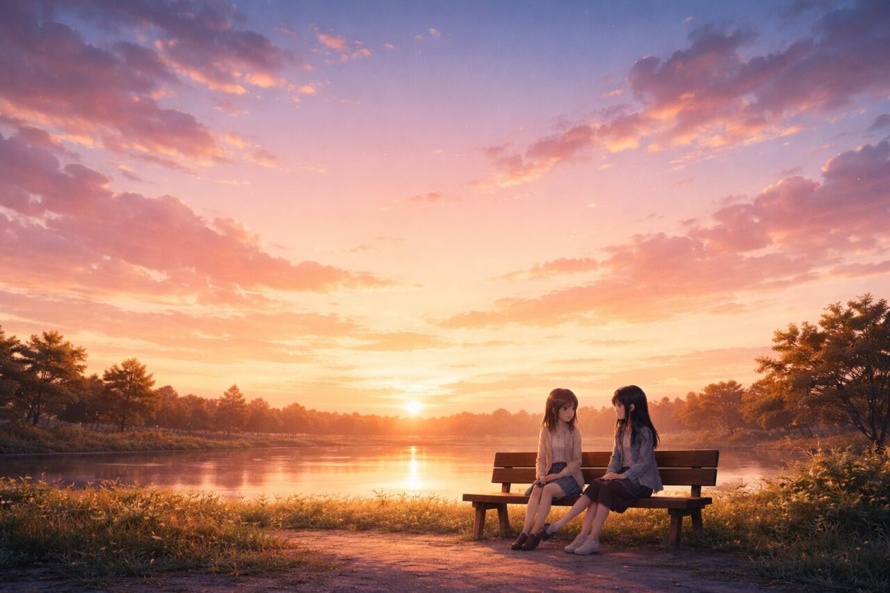 夕暮れの湖畔でベンチに座り静かに会話する二人の少女。共感型ストーリーを象徴する情景。