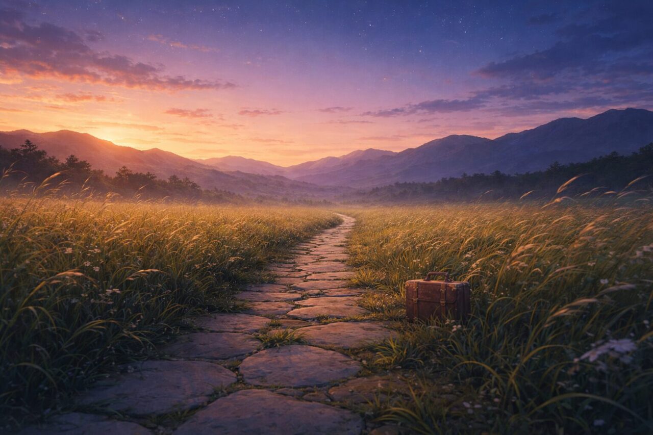 夕暮れの草原に続く石の道と小さな旅行カバンが置かれた幻想的な風景